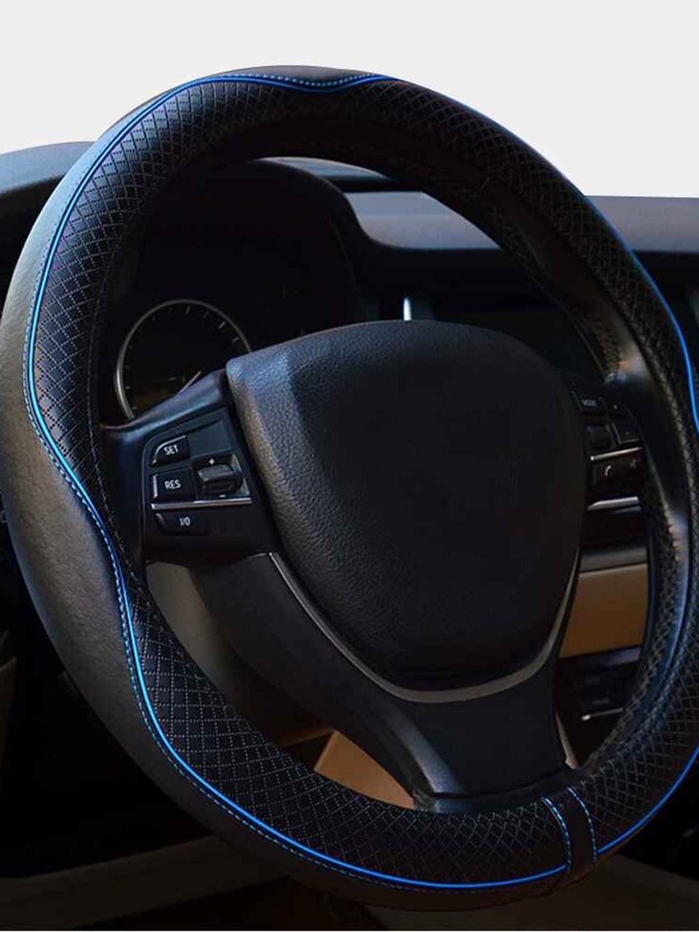 Black Steering Wheel Cover with Blue Stitching